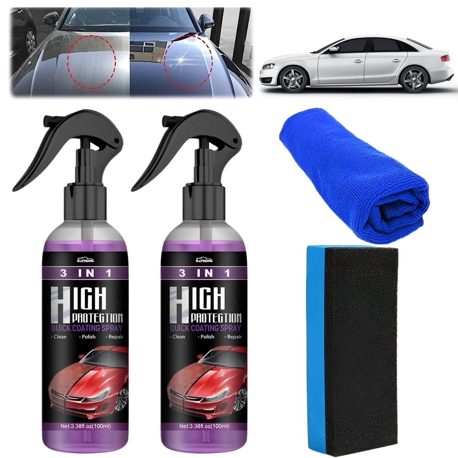 High Protection 3 in 1 Quick Coating Spray - Scratch Repair, Fast Wax  Polishing, Plastic Refresher Quick Car Ceramic Coating Spray with Sponge  and